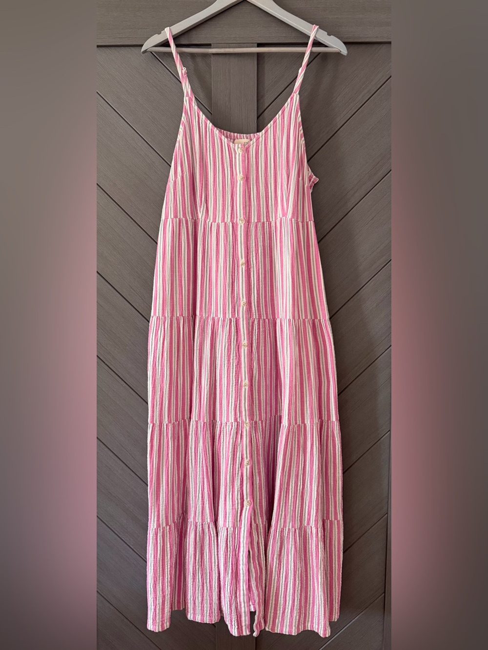 Universal Thread Pink and White Striped Button-Front Tiered Dress